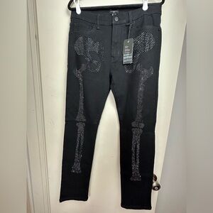 Forever 21 Black Rhinestone Skeleton Front Slim Men’s Gothic Grunge Jeans NWT 32